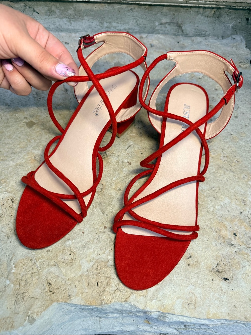 ShoeDazzle Red Strappy Block Heel Sandals Size 9.5